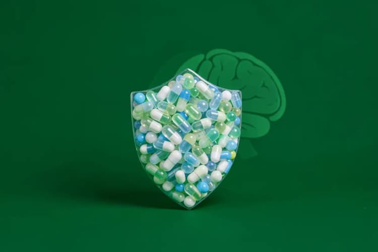 Um escudo feito de cápsulas de suplementos protegendo um cérebro estilizado.