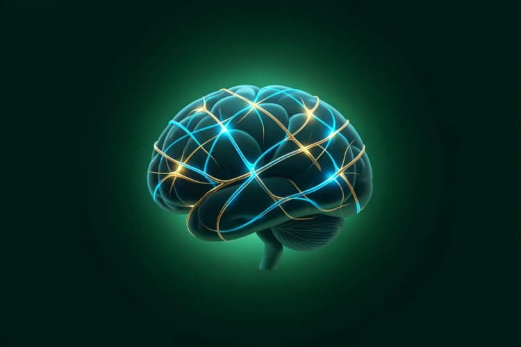 Um cérebro estilizado com conexões brilhantes em azul e dourado, representando atividade neural.