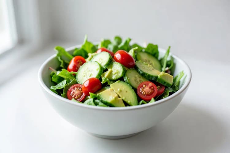 Um prato de salada colorida com folhas verdes, tomate cereja, pepino e pedaços de abacate.