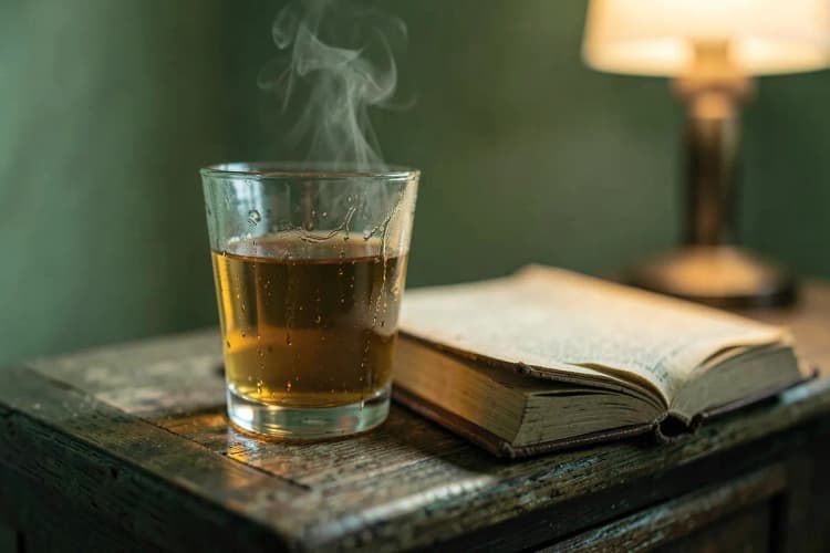 Um copo de chá de ervas fumegante ao lado de um livro aberto sobre um criado-mudo de madeira, com luz de abajur.