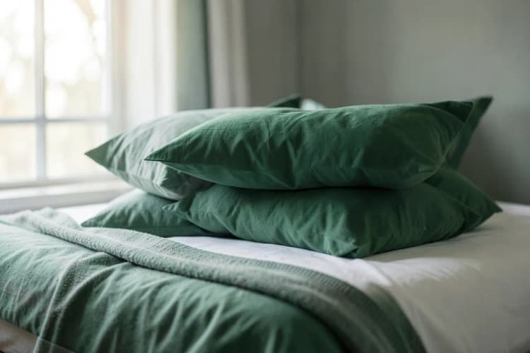 Uma pilha de almofadas e um cobertor dobrado em uma cama arrumada, com luz natural entrando pela janela.