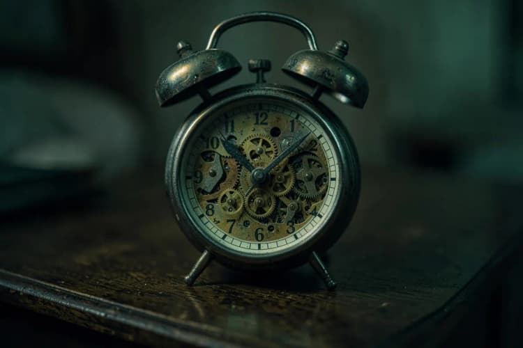 Um despertador antigo de metal sobre uma mesa de cabeceira de madeira, com foco na sua face.