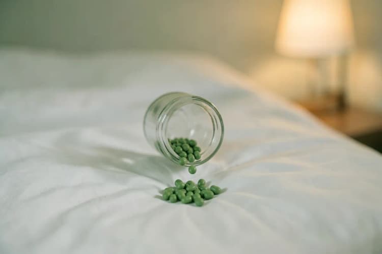Cápsulas de melatonina caindo de um frasco em direção a uma cama.