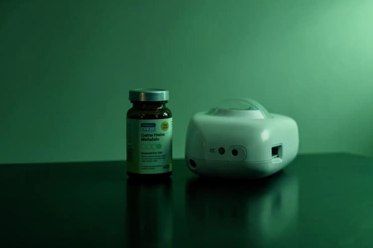 Frasco de melatonina e um aparelho CPAP em fundo escuro.