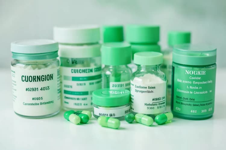 Diferentes tipos de suplementos de colágeno em potes e cápsulas.