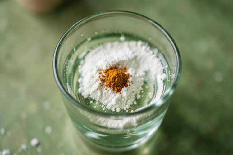Um copo de água com colágeno em pó dissolvido e uma pitada de cúrcuma.