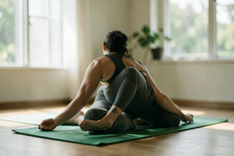 Uma pessoa praticando yoga em um ambiente tranquilo e ensolarado.