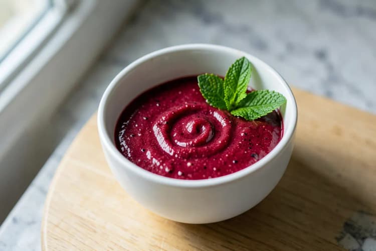 Uma tigela de smoothie com frutas vermelhas e colágeno em pó, decorada com folhas de hortelã.