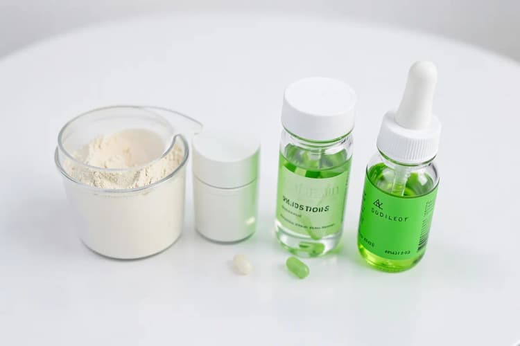 Diversos tipos de suplementos de colágeno (pó, cápsulas, líquido) dispostos lado a lado sobre uma mesa branca.