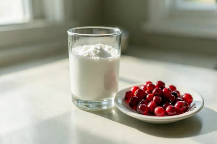 Um copo com colágeno em pó dissolvido e um pires com frutas vermelhas ao lado, em uma bancada de cozinha clara.