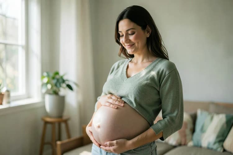Mulher grávida sorrindo, segurando a barriga, em um ambiente claro e arejado.