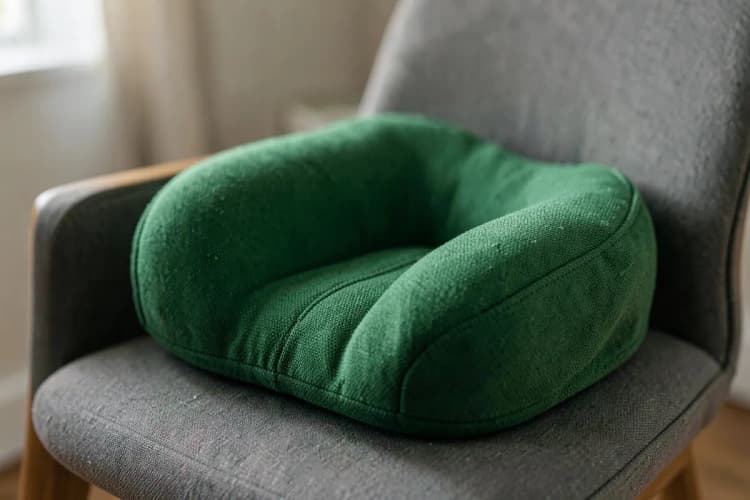 Almofada lombar em formato de U sobre uma cadeira, sugerindo alívio para dor nas costas.