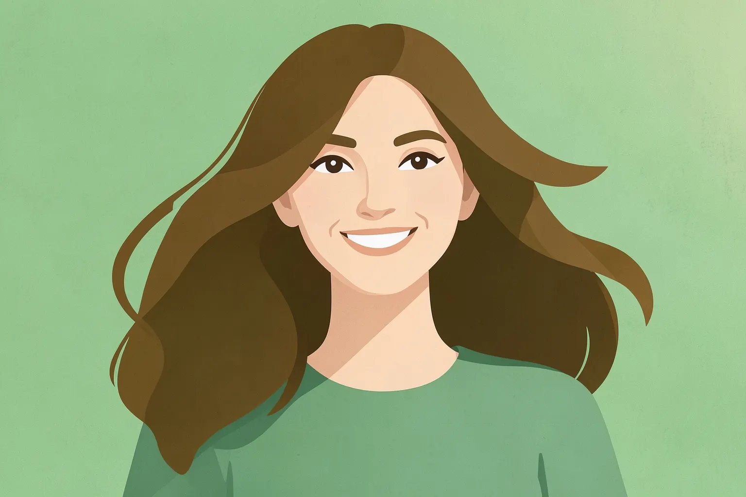 Mulher sorrindo com cabelos longos e saudáveis, com luz suave incidindo sobre ela.