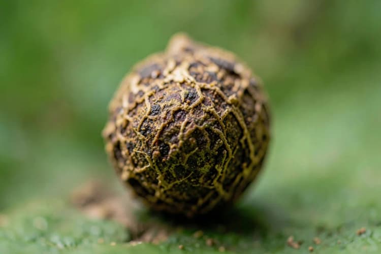 Grão de maca peruana em close-up extremo, mostrando sua textura e cor terrosa.