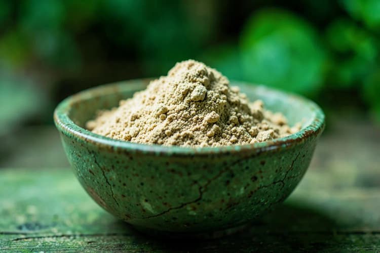 Um monte de maca peruana em pó em uma tigela de cerâmica rústica.