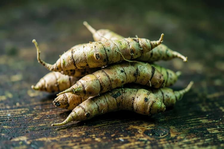 Raízes de maca peruana secas empilhadas em uma superfície de madeira escura.