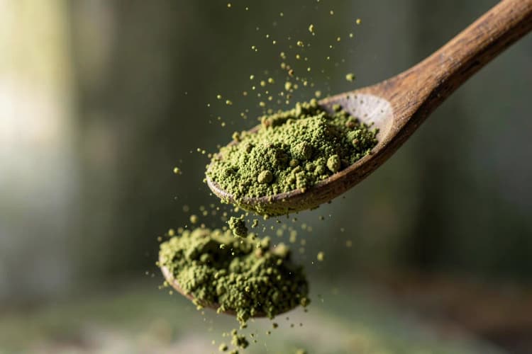 Um punhado de maca peruana em pó sendo derramado de uma colher de madeira.