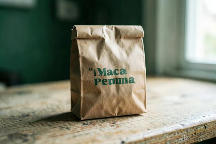 Um pequeno saco de papel pardo com a inscrição "Maca Peruana" em um balcão de madeira.