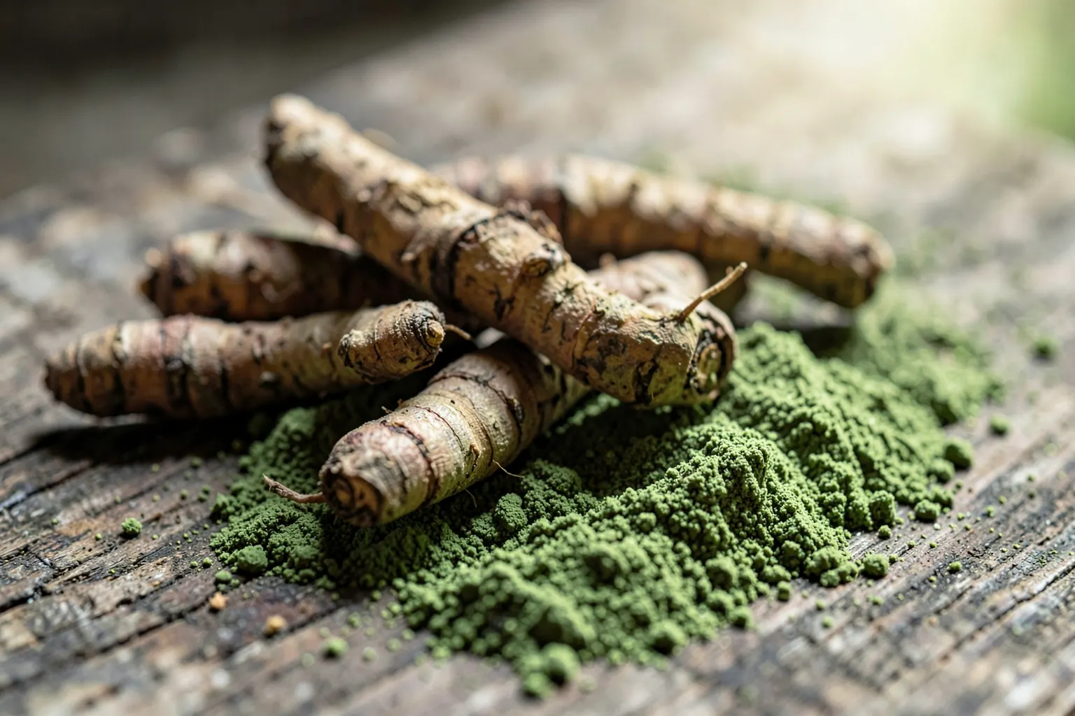Maca peruana em pó em uma colher de madeira com algumas raízes secas ao lado em uma superfície rústica.