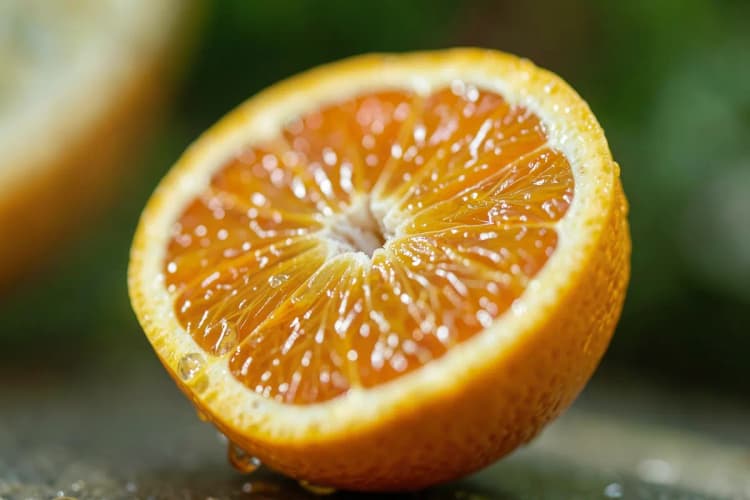 Um close-up de uma laranja cortada ao meio, revelando sua polpa suculenta e gomos cheios de suco, com gotas de água visíveis.