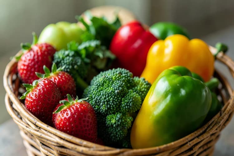 Um close-up de uma variedade de frutas e vegetais coloridos, incluindo morangos, brócolis e pimentões, dispostos em uma cesta de vime.