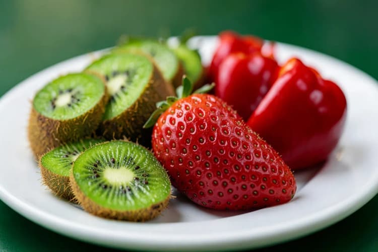 Uma seleção de alimentos ricos em vitamina C, como kiwi, morango e pimentão vermelho, dispostos em um prato branco.