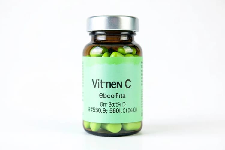 Um frasco de comprimidos de vitamina C com a dosagem claramente visível em um fundo branco.