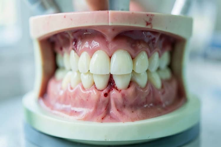 Um close-up de um escorbuto, mostrando gengivas inchadas e sangrentas em um modelo de dente.