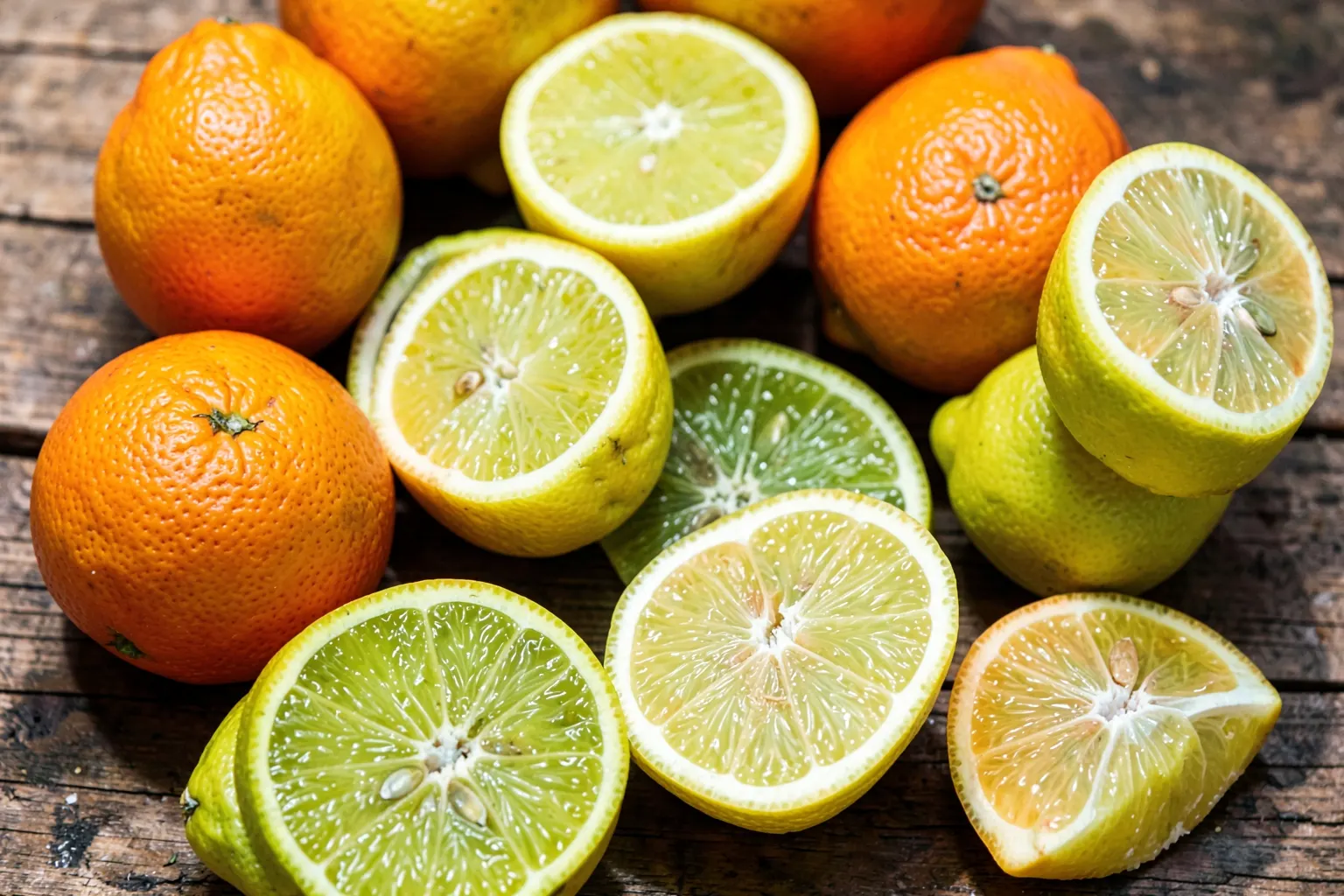Uma tigela de frutas cítricas frescas e vibrantes, incluindo laranjas, limões e toranjas, dispostas artisticamente em uma superfície de madeira rústica.