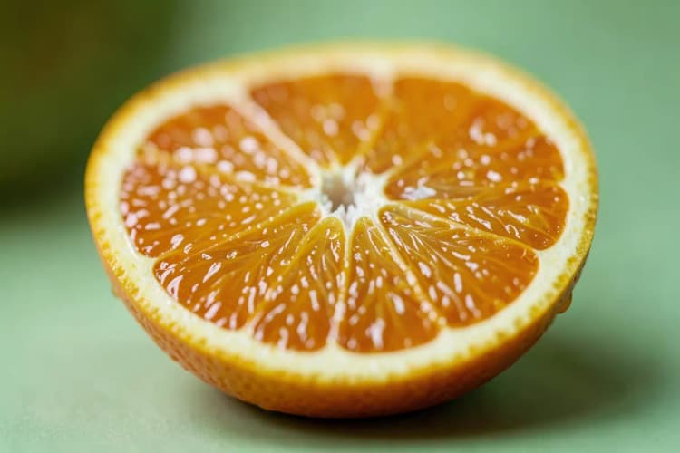 Uma fatia de laranja cortada ao meio, mostrando a polpa suculenta e as sementes, com gotas de suco visíveis na superfície.