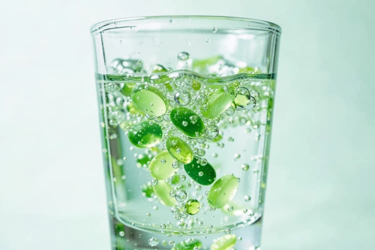 Um close-up de comprimidos efervescentes de vitamina C dissolvendo-se em um copo de água, com bolhas subindo.
