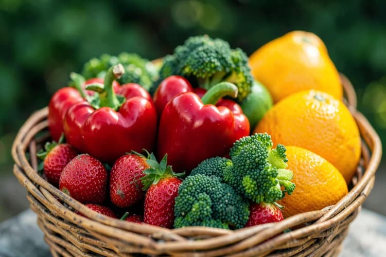 Um arranjo de frutas e vegetais coloridos, incluindo pimentões, brócolis, morangos e laranjas, dispostos em uma cesta de vime.