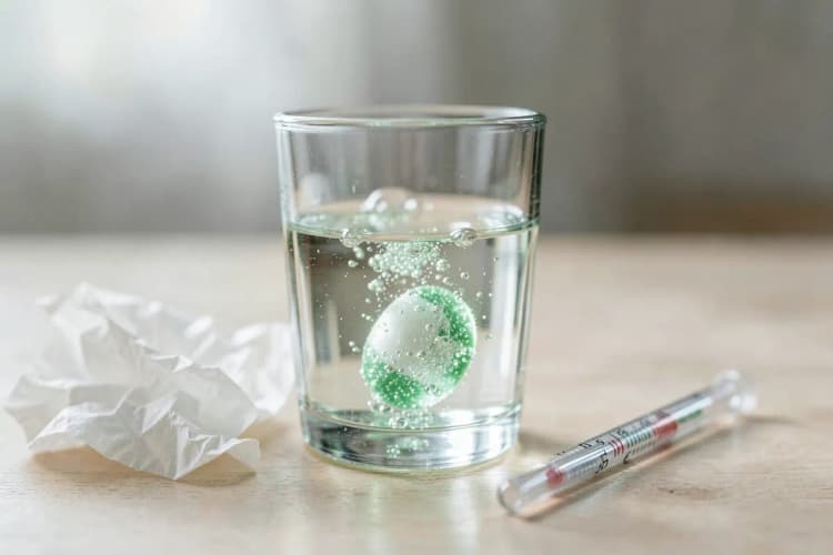 Um copo de água com um comprimido de vitamina C efervescente dissolvendo-se, ao lado de um lenço de papel e um termômetro.