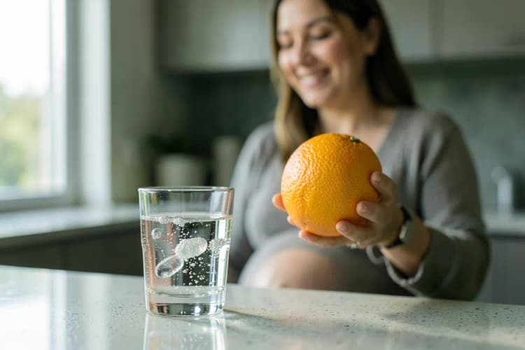 Uma mulher grávida sorrindo, segurando uma laranja e olhando para um copo de água com um comprimido efervescente. A cena é em um ambiente doméstico claro.