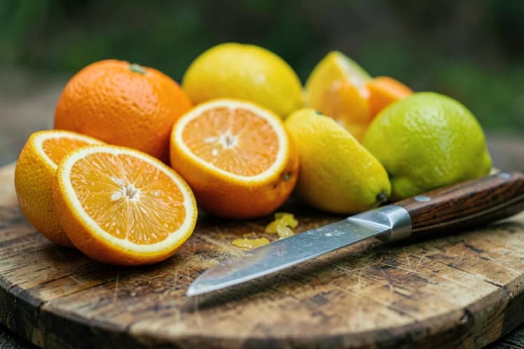 Uma variedade de frutas cítricas frescas, como laranjas, limões e tangerinas, dispostas em uma tábua de corte de madeira ao lado de uma faca.