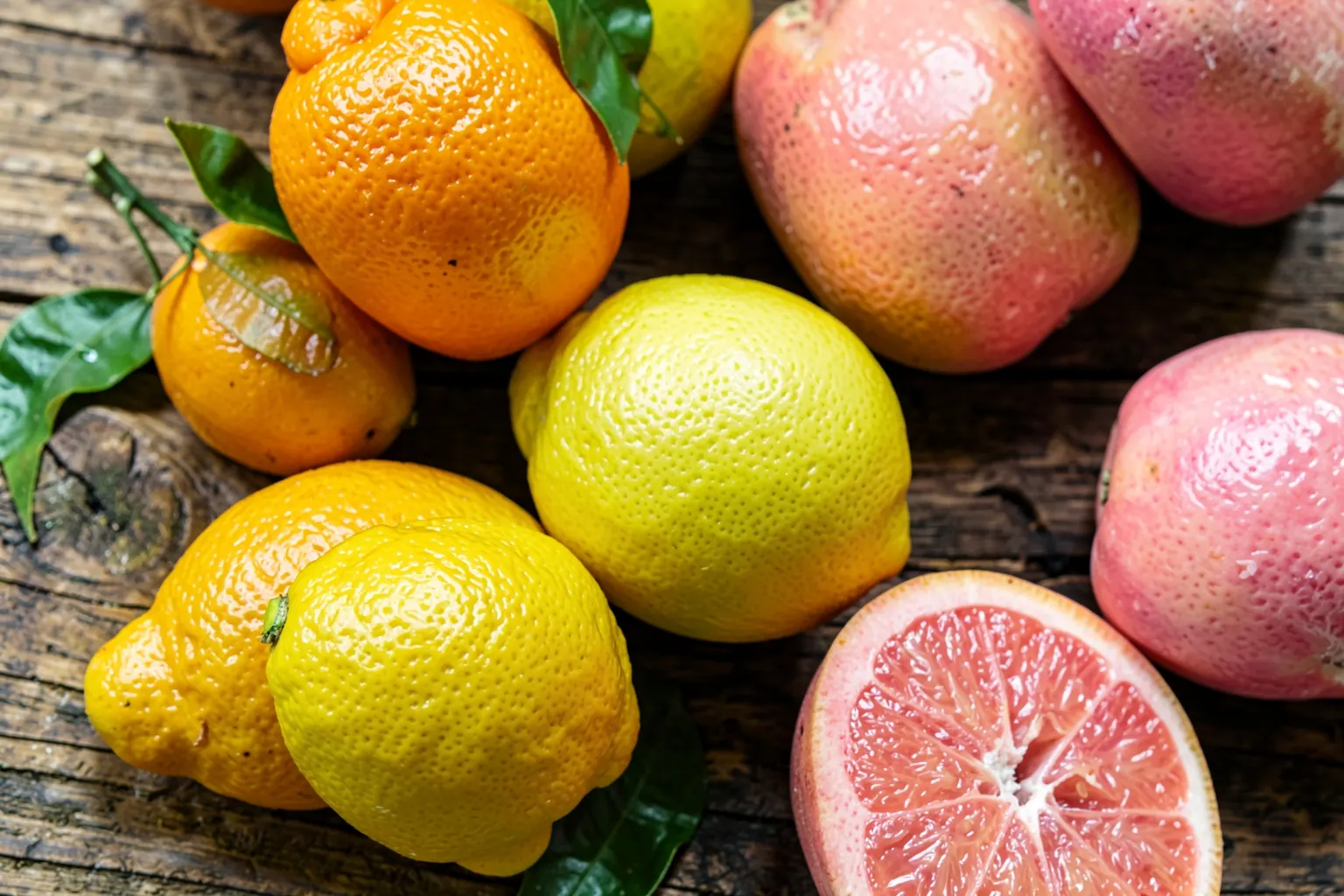 Uma tigela de frutas cítricas frescas, incluindo laranjas, limões e toranjas, dispostas artisticamente em uma superfície de madeira rústica, com algumas folhas verdes espalhadas.