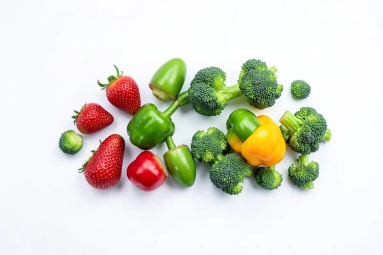 Uma seleção de frutas e vegetais ricos em vitamina C, como morangos, kiwi, pimentão e brócolis, dispostos em um padrão colorido.