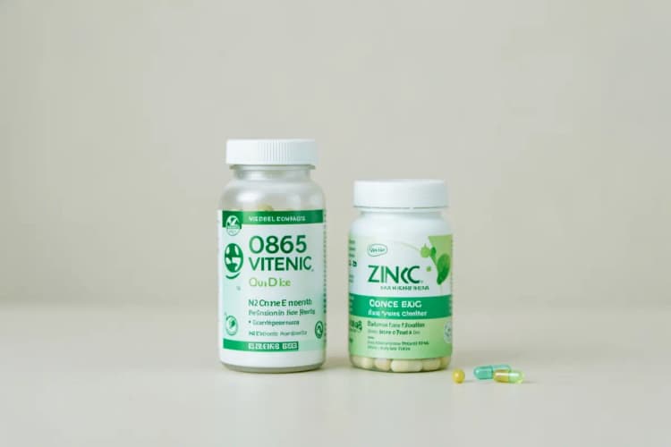 Um close-up de um frasco de suplemento de vitamina C ao lado de um frasco de suplemento de zinco, com algumas cápsulas visíveis.