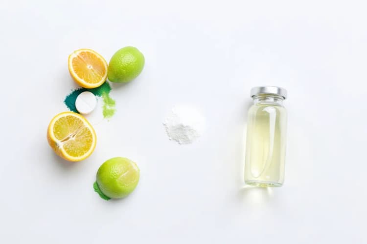 Uma variedade de frutas cítricas e suplementos de vitamina C em diferentes formas, como comprimidos, pó e líquido.