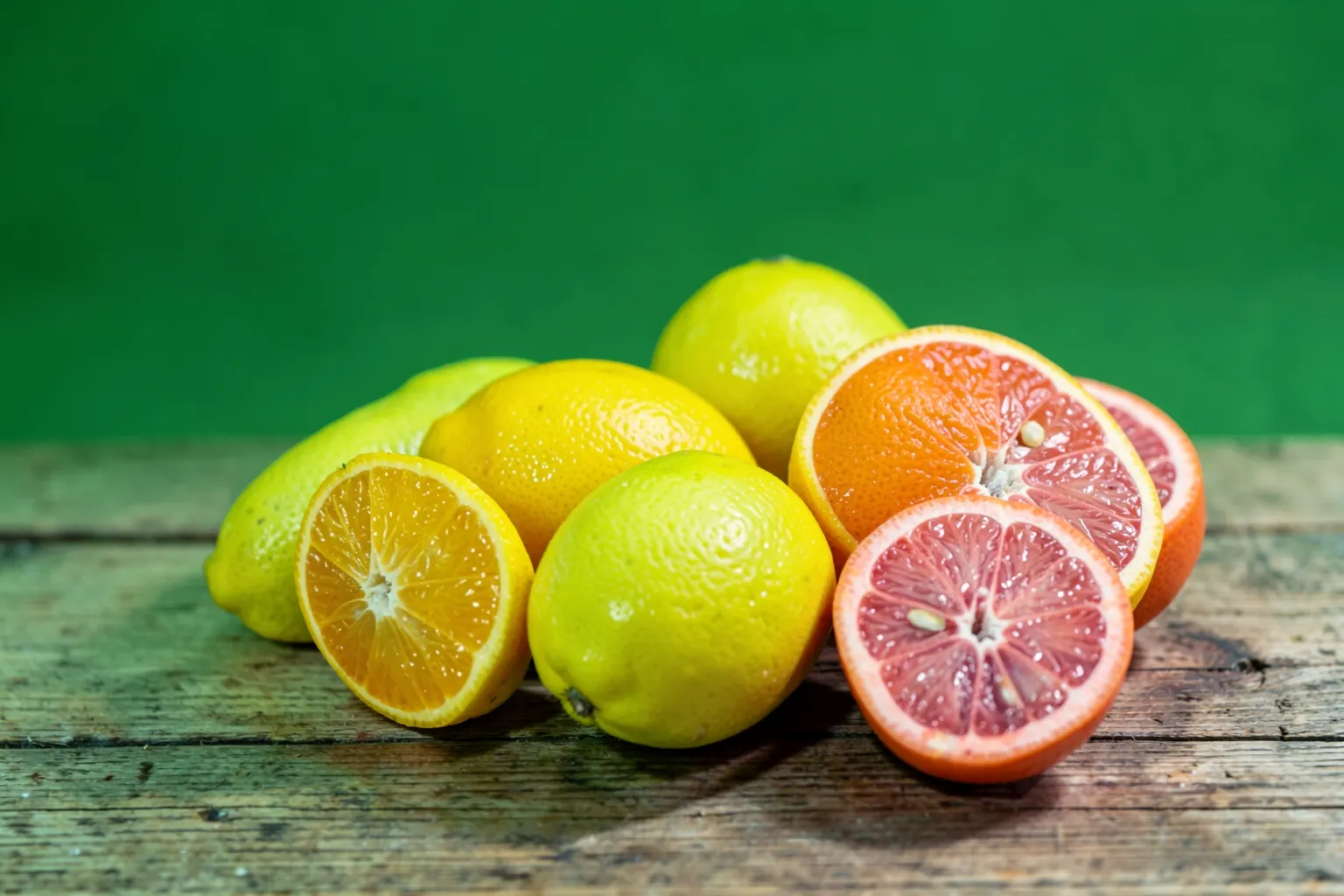 Uma tigela de frutas cítricas frescas e vibrantes, incluindo laranjas, limões e toranjas, dispostas artisticamente em uma superfície de madeira rústica.