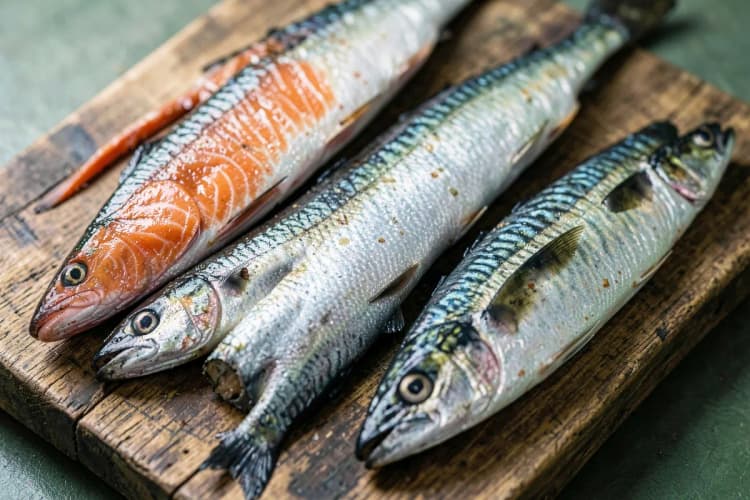 Uma variedade de peixes gordurosos como salmão, sardinha e cavala dispostos artisticamente em uma tábua de madeira rústica.