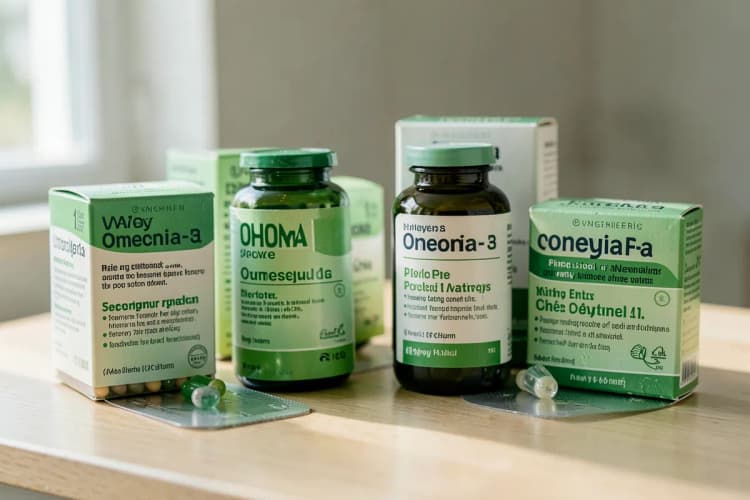 Uma seleção de suplementos de ômega 3 em diferentes embalagens, com foco na qualidade e pureza dos produtos.