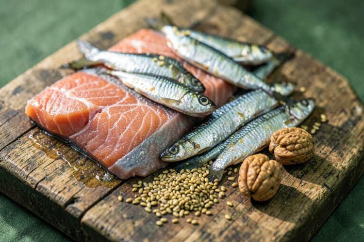 Uma variedade de alimentos ricos em ômega 3, incluindo peixes gordurosos, sementes de linhaça e nozes, dispostos em uma tábua de madeira.