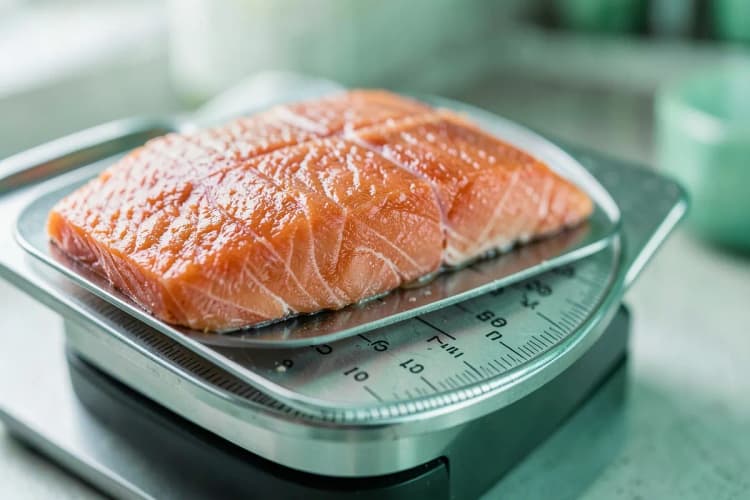 Uma pessoa medindo uma porção de salmão em uma balança de cozinha, com foco nos benefícios para a saúde.