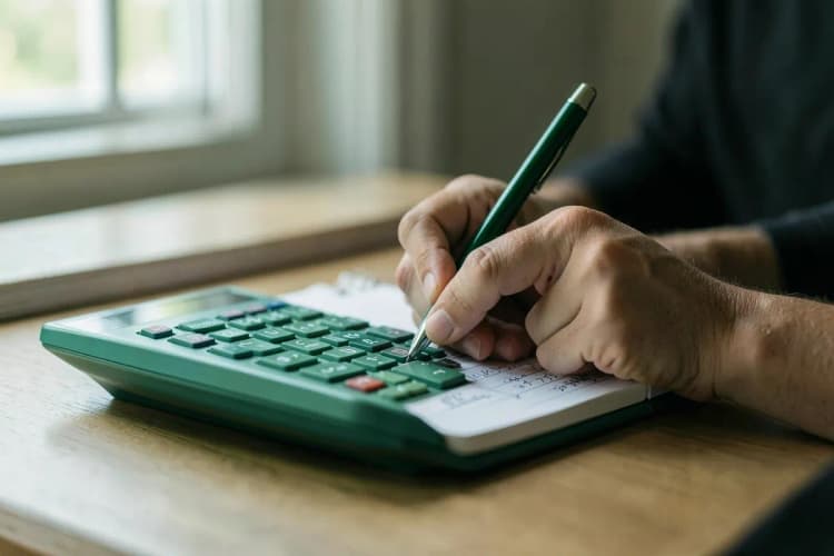 Uma pessoa calculando a quantidade de ômega 3 usando uma calculadora e anotações em um caderno.
