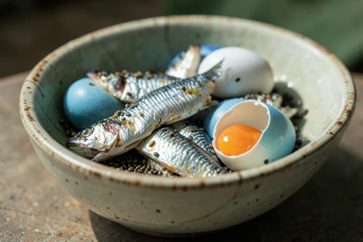 Uma seleção de alimentos naturais ricos em ômega 3, como sardinhas, ovos e sementes de chia, em uma tigela rústica.
