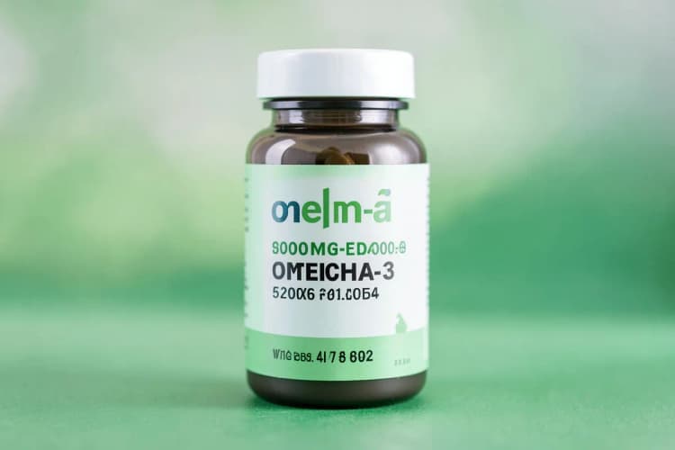 Um frasco de suplemento de ômega 3 com informações de dosagem em destaque.