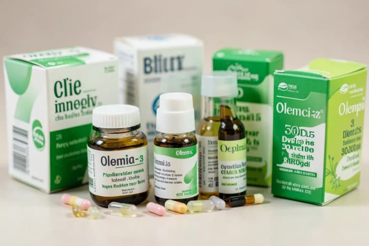Uma variedade de suplementos de ômega 3, incluindo cápsulas e líquidos, em embalagens diferentes.