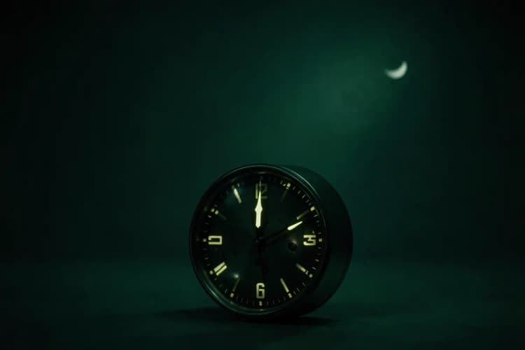 Um relógio analógico com ponteiros marcando a passagem do tempo durante a noite, com uma lua crescente ao fundo