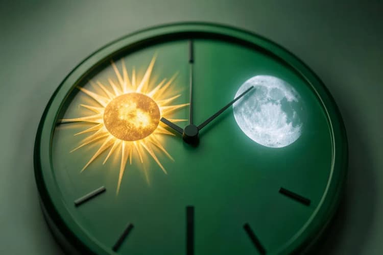Uma representação visual do ciclo circadiano com um sol e uma lua em lados opostos de um relógio